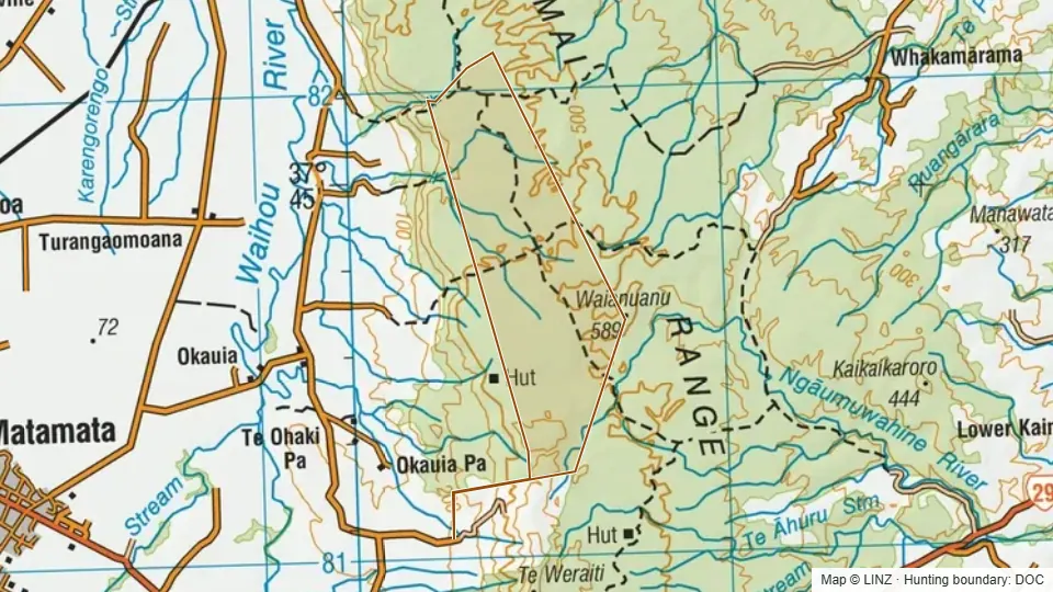 Topographic map of Gordon Park Scenic Reserve in Waikato, New Zealand, with the DOC hunting boundary outlined.