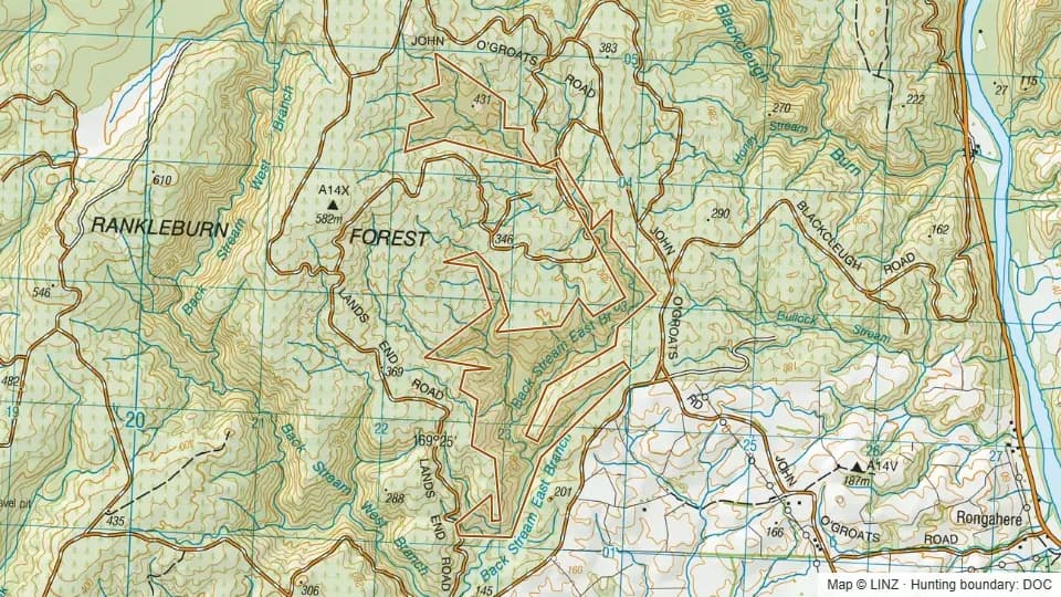 Topographic map of Gorge Creek - Blue Mountains in Otago, New Zealand, with the DOC hunting boundary outlined.