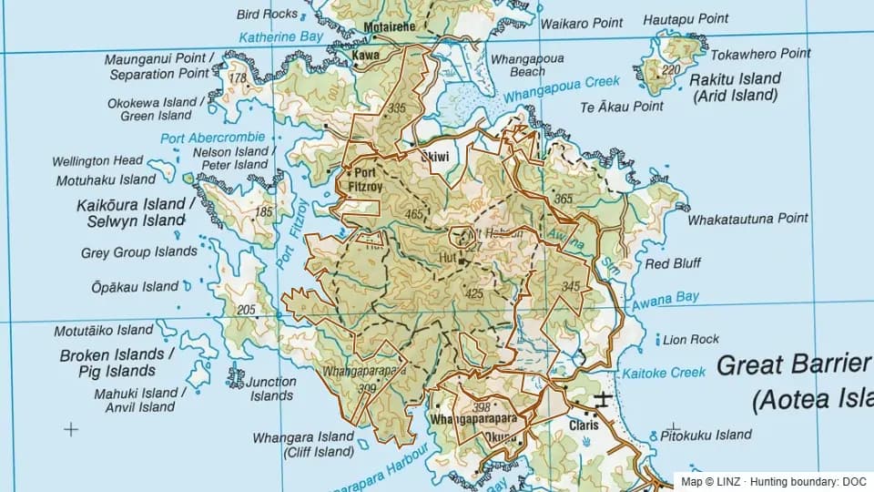 Topographic map of Great Barrier Forest Conservation Area in Auckland, New Zealand, with the DOC hunting boundary outlined.