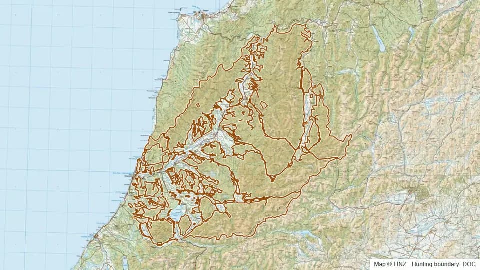 Topographic map of Greymouth - Mawheranui in West Coast, New Zealand, with the DOC hunting boundary outlined.