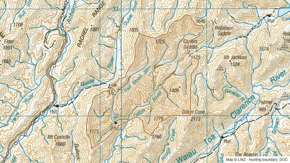 Topographic map of Half Moon in Marlborough, New Zealand, with the DOC hunting boundary outlined.
