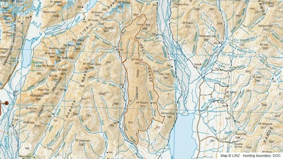 Topographic map of Hall Range in Canterbury, New Zealand, with the DOC hunting boundary outlined.