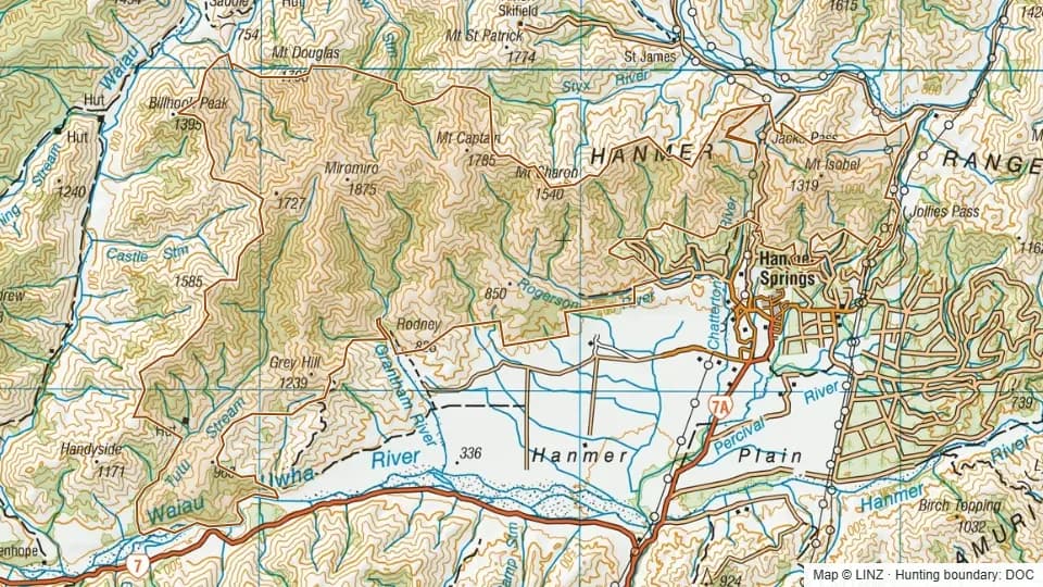 Topographic map of Hanmer Forest in Canterbury, New Zealand, with the DOC hunting boundary outlined.