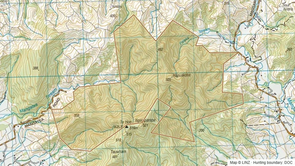 Topographic map of Hapuakohe Ecological Area in Waikato, New Zealand, with the DOC hunting boundary outlined.