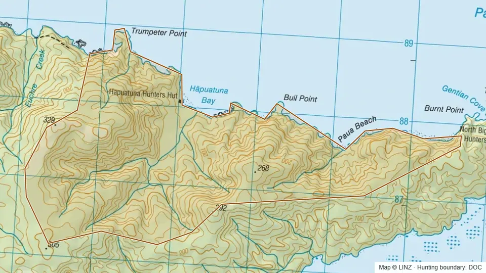Topographic map of Hapuatuna in Southland, New Zealand, with the DOC hunting boundary outlined.