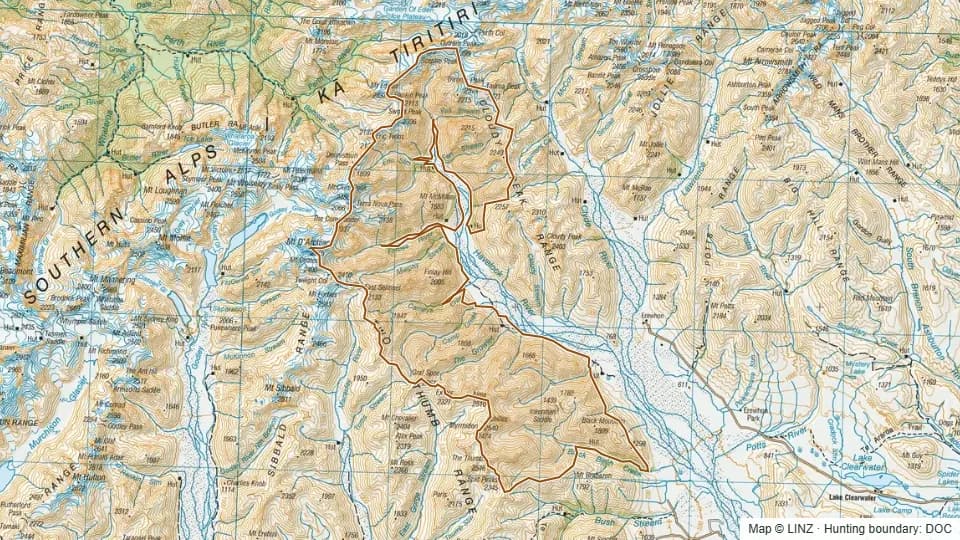 Topographic map of Havelock in Canterbury, New Zealand, with the DOC hunting boundary outlined.