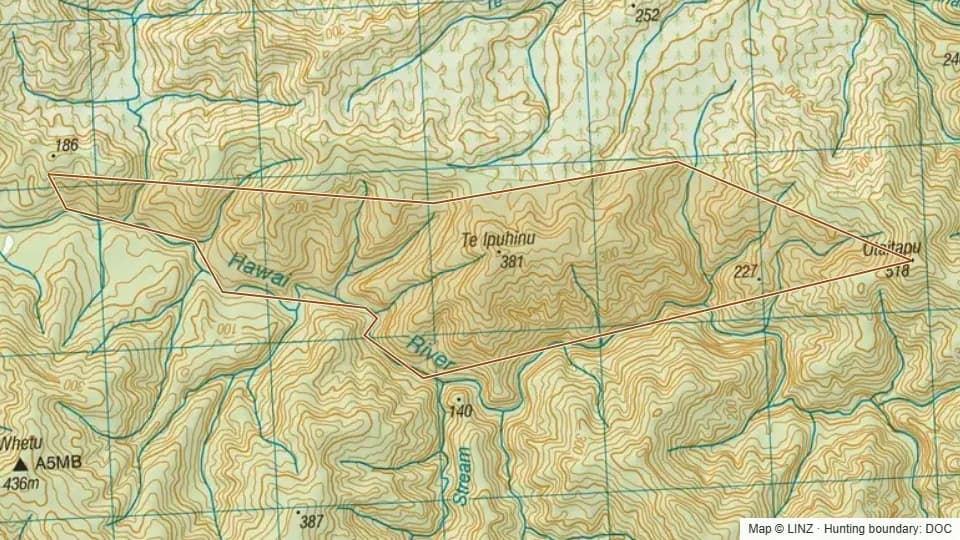 Topographic map of Hawai Scenic Reserve in Bay of Plenty, New Zealand, with the DOC hunting boundary outlined.