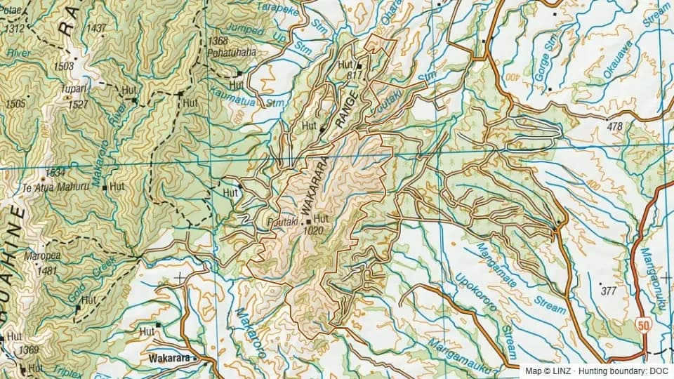 Topographic map of Hawkes Bay Reserves in Hawke's Bay, New Zealand, with the DOC hunting boundary outlined.