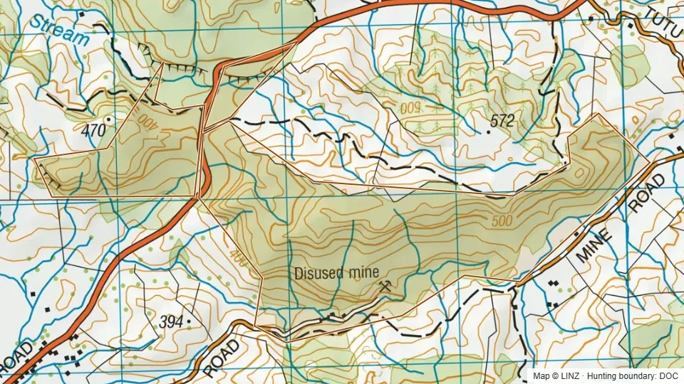 Topographic map of Herekawe Scenic Reserve in Waikato, New Zealand, with the DOC hunting boundary outlined.