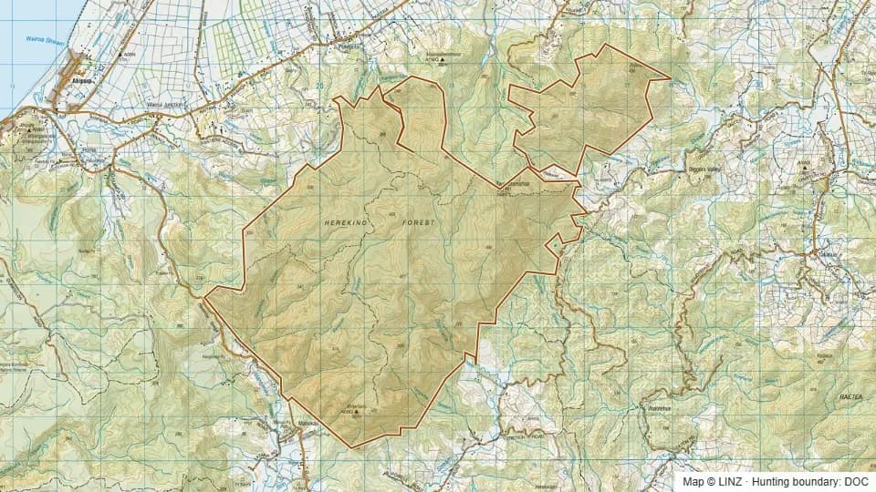 Topographic map of Herekino Forest in Northland, New Zealand, with the DOC hunting boundary outlined.
