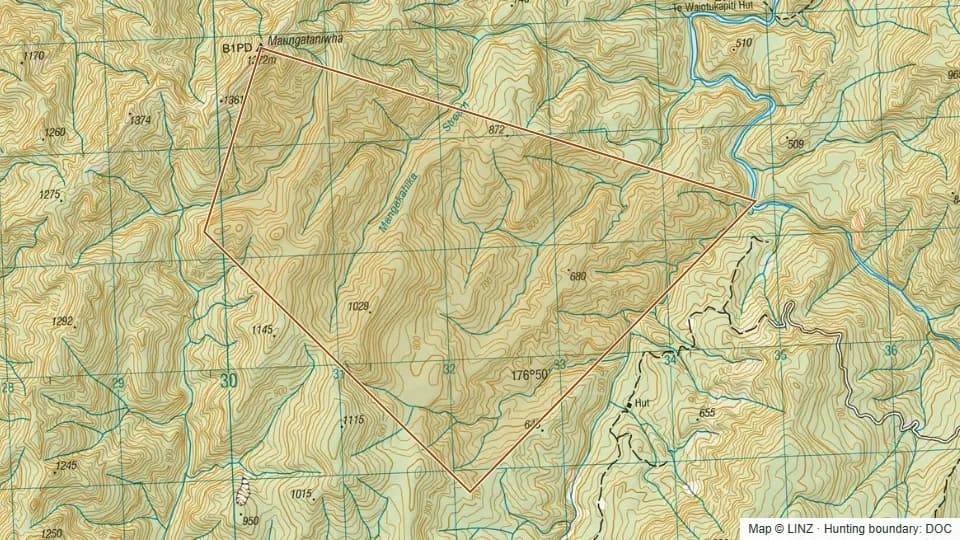 Topographic map of Heruiwi Block Conservation Area in Hawke's Bay, New Zealand, with the DOC hunting boundary outlined.