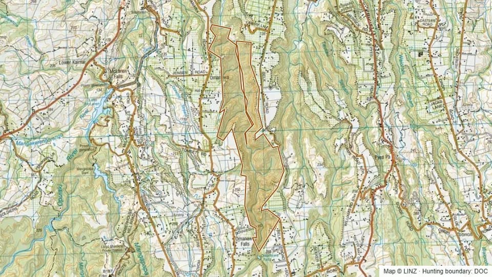 Topographic map of Hidden Gorge Scenic Reserve in Bay of Plenty, New Zealand, with the DOC hunting boundary outlined.