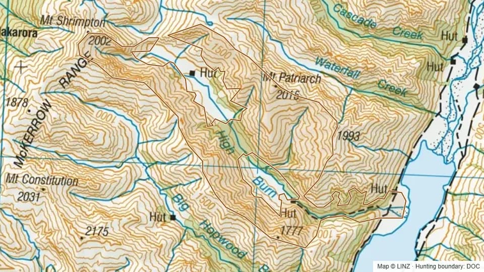 Topographic map of High Burn in Otago, New Zealand, with the DOC hunting boundary outlined.