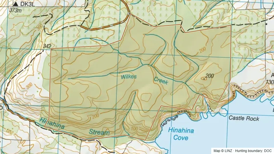 Topographic map of Hinahina Cove in Otago, New Zealand, with the DOC hunting boundary outlined.
