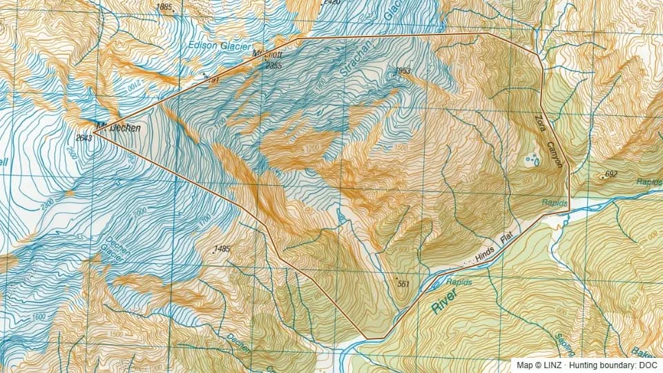 Topographic map of Hinds Tarn in West Coast, New Zealand, with the DOC hunting boundary outlined.