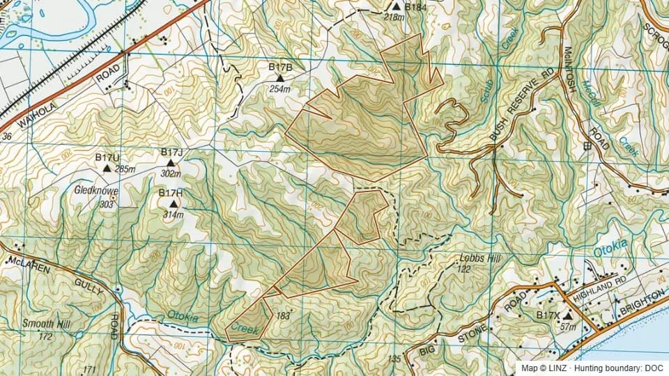 Topographic map of Hope Hill in Otago, New Zealand, with the DOC hunting boundary outlined.