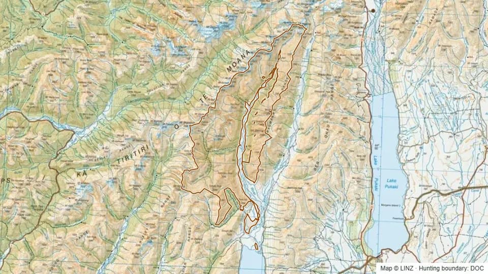 Topographic map of Hopkins - Huxley in Canterbury, New Zealand, with the DOC hunting boundary outlined.