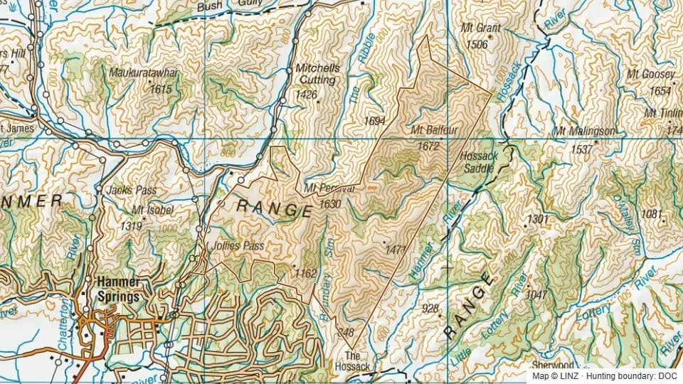 Topographic map of Hossack in Canterbury, New Zealand, with the DOC hunting boundary outlined.