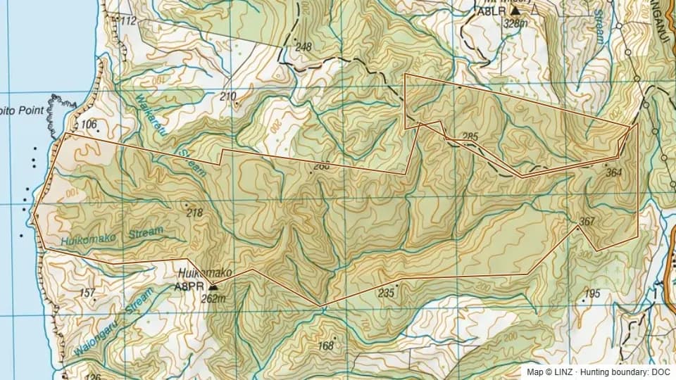 Topographic map of Huikomako Scenic Reserve in Waikato, New Zealand, with the DOC hunting boundary outlined.