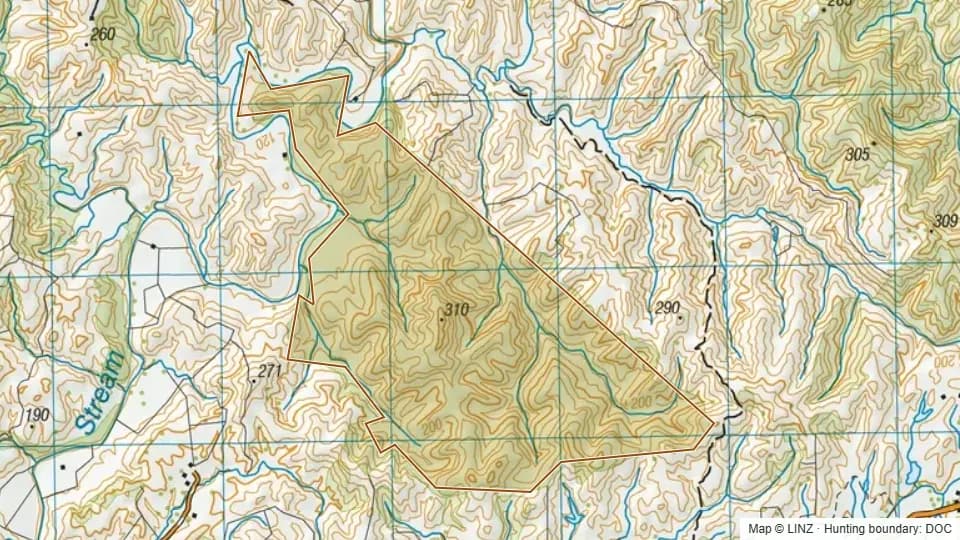 Topographic map of Huiroa Conservation Area in Taranaki, New Zealand, with the DOC hunting boundary outlined.