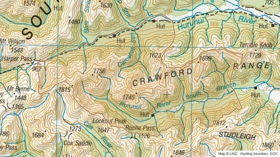 Topographic map of Hurunui Mainland Island restricted in Canterbury, New Zealand, with the DOC hunting boundary outlined.