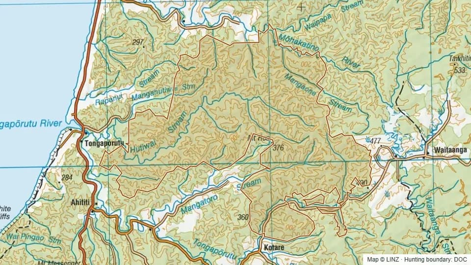Topographic map of Hutiwai Conservation Area in Taranaki, New Zealand, with the DOC hunting boundary outlined.