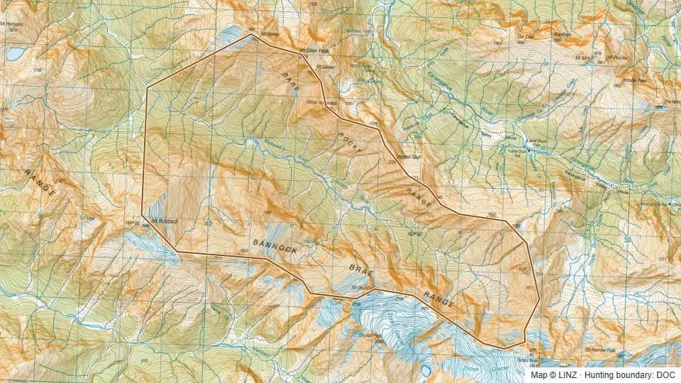 Topographic map of Jacobs Upper in West Coast, New Zealand, with the DOC hunting boundary outlined.