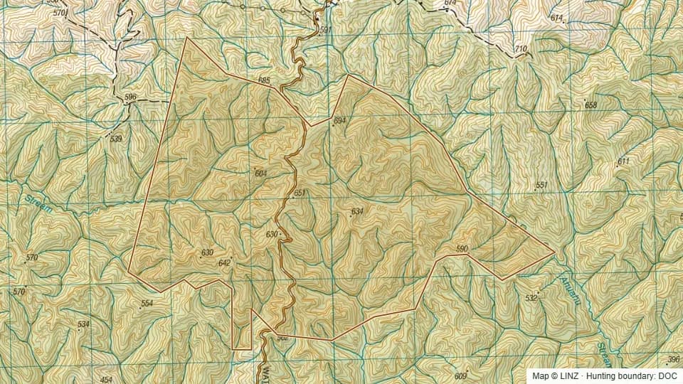 Topographic map of Jean D'arcy Memorial Conservation Area in Manawatu-Wanganui, New Zealand, with the DOC hunting boundary outlined.