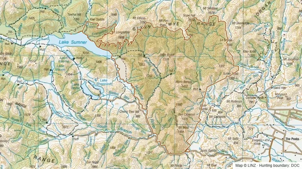 Topographic map of Jollie Brook in Canterbury, New Zealand, with the DOC hunting boundary outlined.