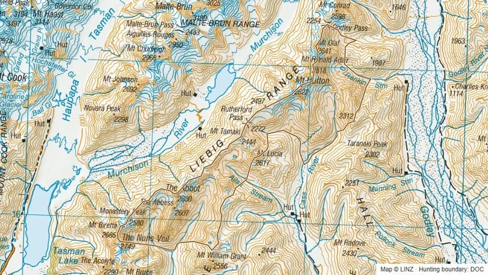 Topographic map of Jollie-Cass in Canterbury, New Zealand, with the DOC hunting boundary outlined.