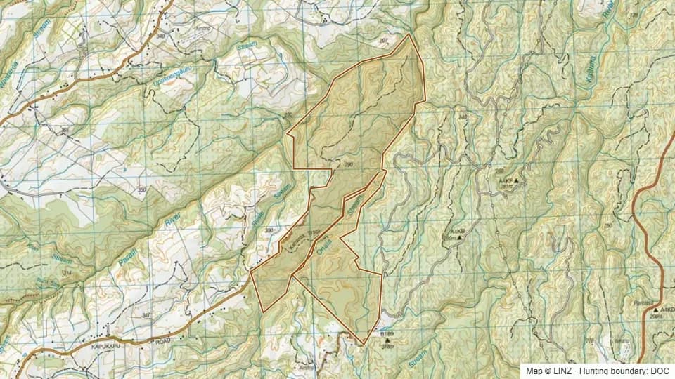 Topographic map of Kaharoa Forest in Bay of Plenty, New Zealand, with the DOC hunting boundary outlined.