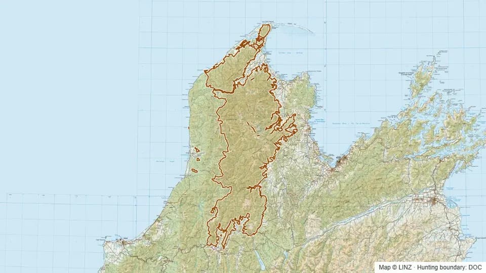 Topographic map of Kahurangi National Park (includes adjacent Public Conservation land) in Tasman, New Zealand, with the DOC hunting boundary outlined.