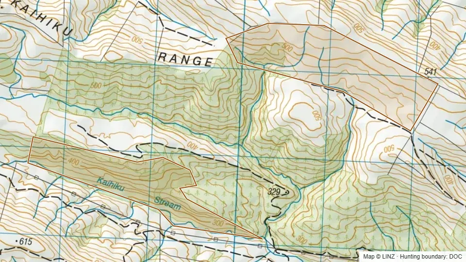 Topographic map of Kaihiku in Otago, New Zealand, with the DOC hunting boundary outlined.