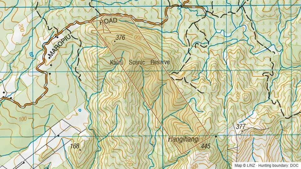 Topographic map of Kaihu Scenic Reserve in Northland, New Zealand, with the DOC hunting boundary outlined.