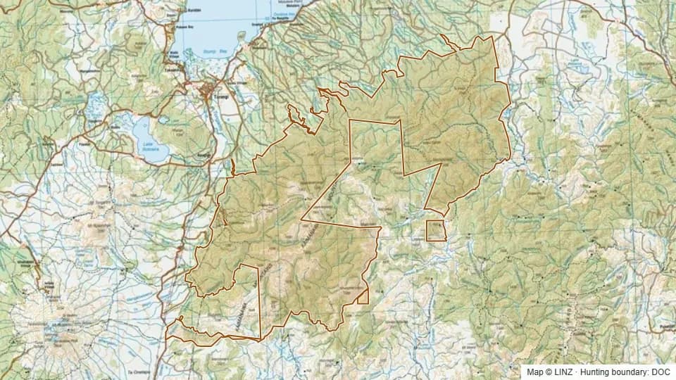 Topographic map of Kaimanawa Forest Park in Waikato, New Zealand, with the DOC hunting boundary outlined.