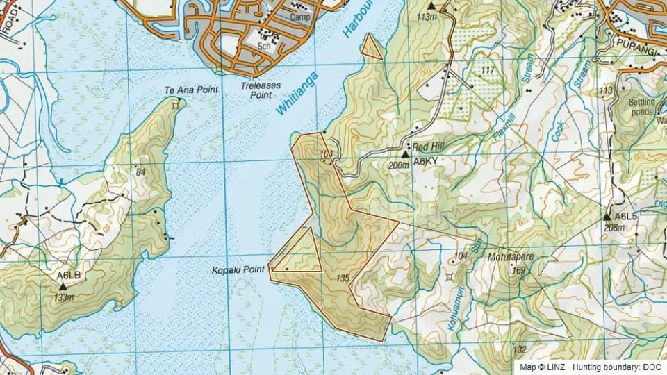 Topographic map of Kaitoke Scenic Reserve in Waikato, New Zealand, with the DOC hunting boundary outlined.