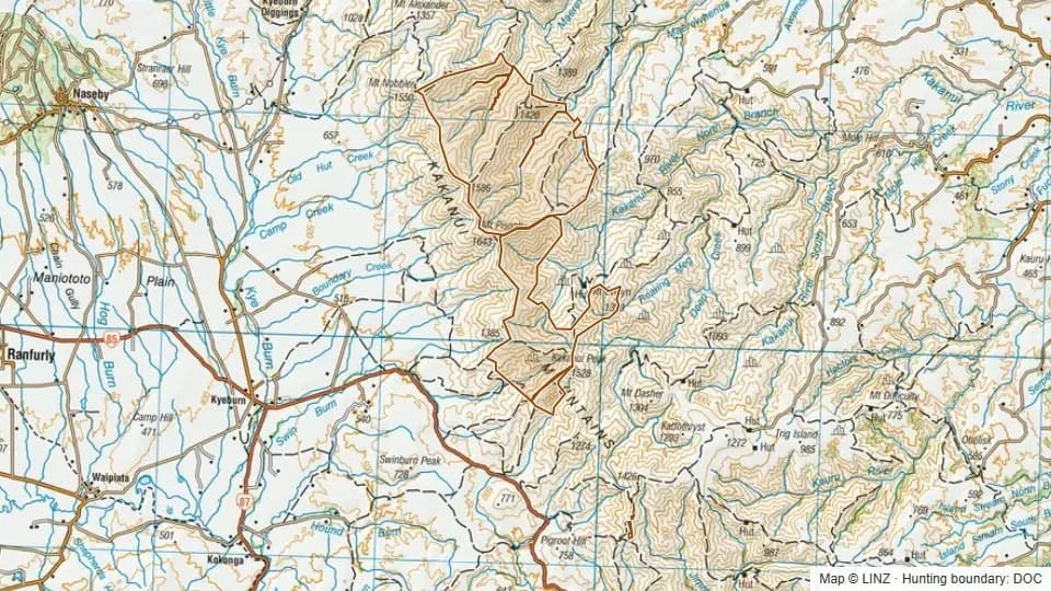 Topographic map of Kakanui Conservation in Canterbury, New Zealand, with the DOC hunting boundary outlined.