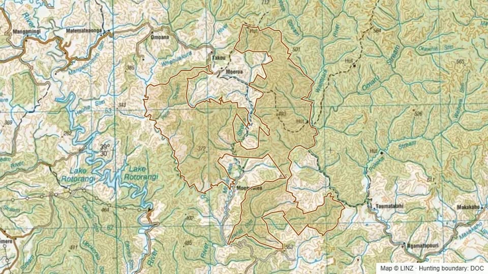 Topographic map of Kapara Conservation Area in Taranaki, New Zealand, with the DOC hunting boundary outlined.