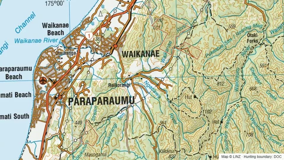 Topographic map of Kapiti-Wellington Reserves in Wellington, New Zealand, with the DOC hunting boundary outlined.