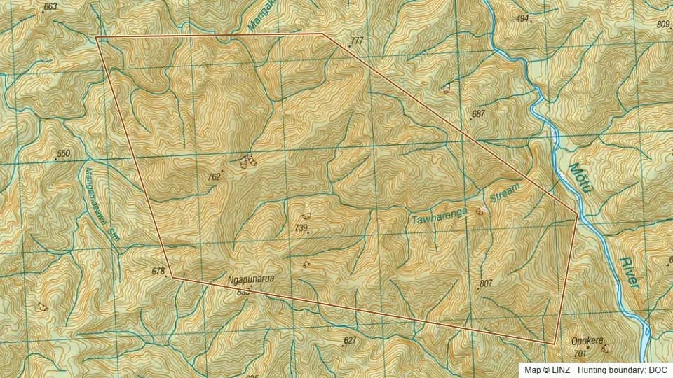Topographic map of Kapuarangi Conservation Area in Bay of Plenty, New Zealand, with the DOC hunting boundary outlined.