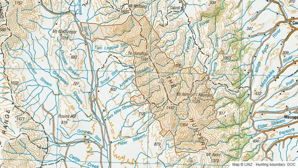 Topographic map of Kaumira/ Mount Nimrod in Canterbury, New Zealand, with the DOC hunting boundary outlined.