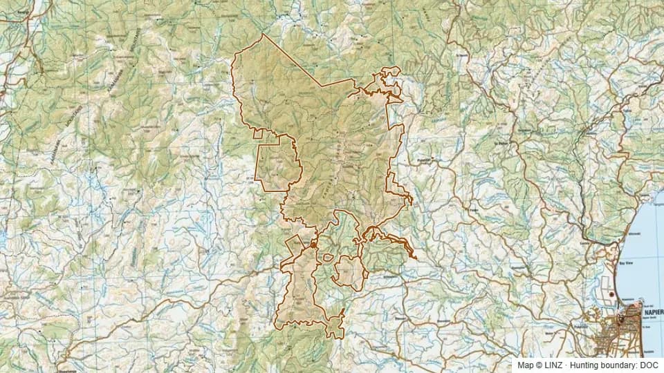 Topographic map of Kaweka Forest Park in Hawke's Bay, New Zealand, with the DOC hunting boundary outlined.