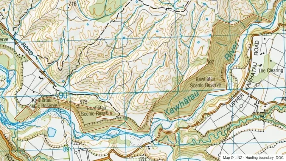 Topographic map of Kawhatau Scenic Reserve in Manawatu-Wanganui, New Zealand, with the DOC hunting boundary outlined.
