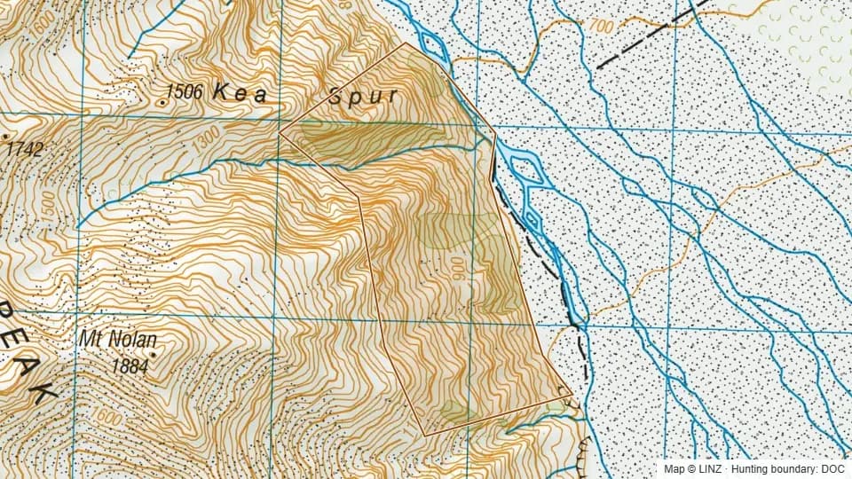 Topographic map of Kea Spur in Canterbury, New Zealand, with the DOC hunting boundary outlined.