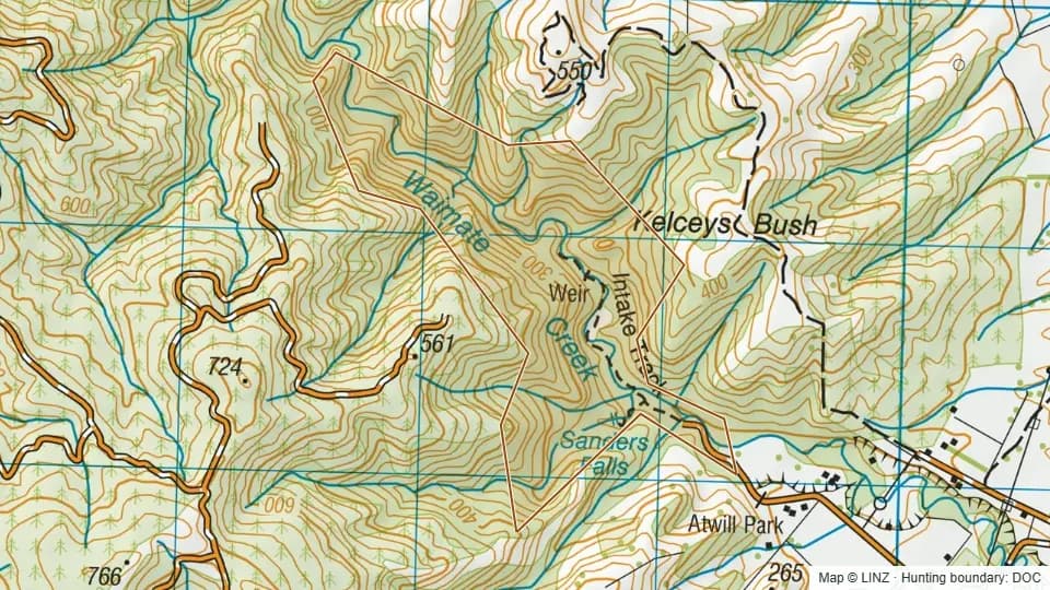 Topographic map of Kelceys Bush in Canterbury, New Zealand, with the DOC hunting boundary outlined.