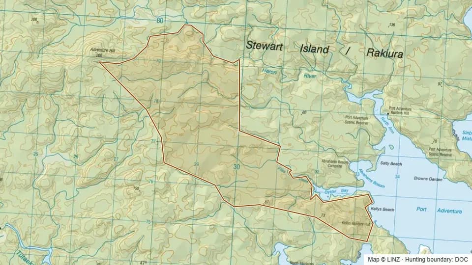 Topographic map of Kellys in Southland, New Zealand, with the DOC hunting boundary outlined.