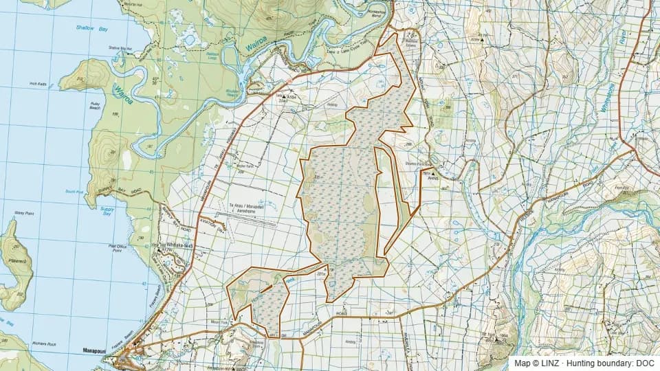 Topographic map of Kepler Mire and Home Creek in Southland, New Zealand, with the DOC hunting boundary outlined.
