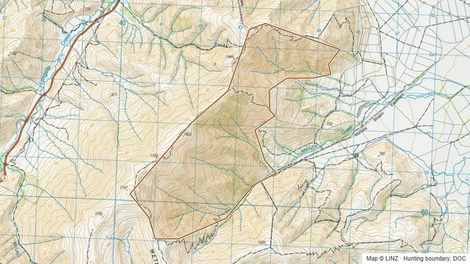 Topographic map of Killermont - Firearms prohibited on access tracks in Canterbury, New Zealand, with the DOC hunting boundary outlined.