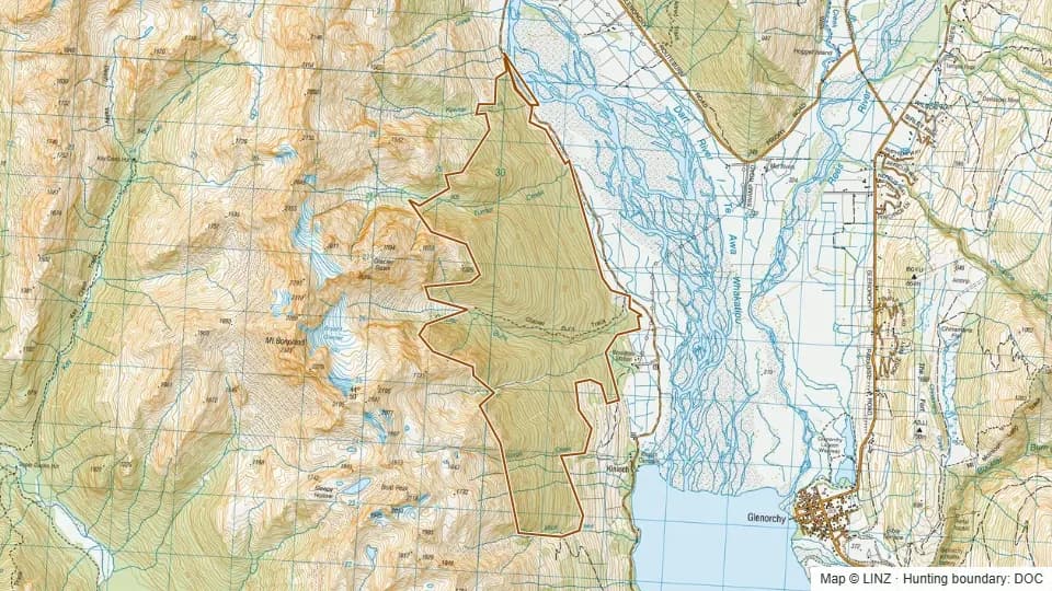 Topographic map of Kinloch Kowhai Bush in Otago, New Zealand, with the DOC hunting boundary outlined.