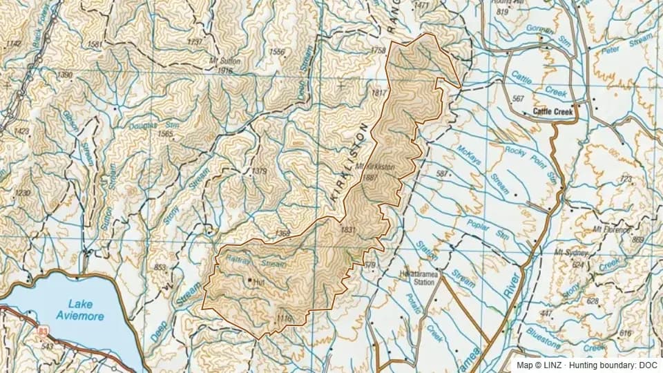Topographic map of Kirkliston in Canterbury, New Zealand, with the DOC hunting boundary outlined.